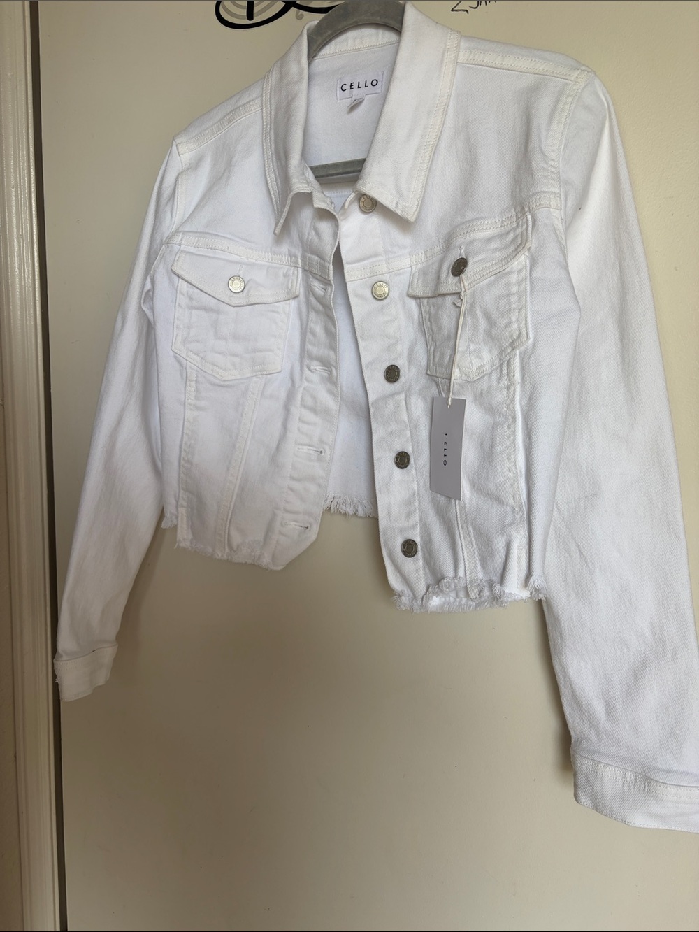 Cello White Cropped Denim Jacket with Frayed Hem